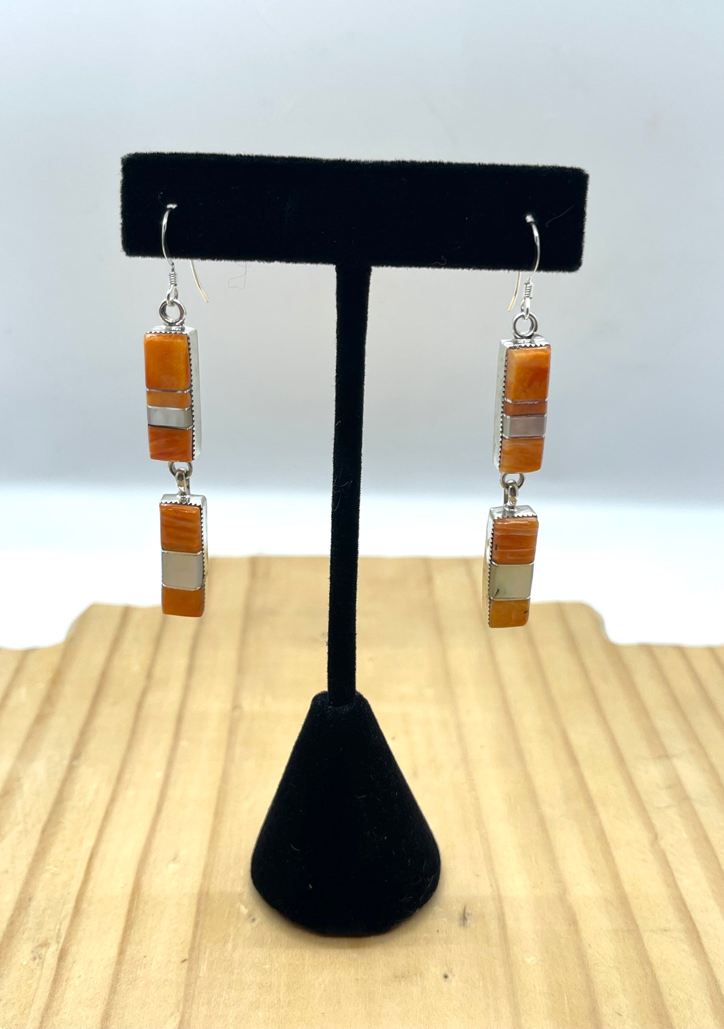 Orange Spiny Oyster Shell and Mother of Pearls Double Rectangle Dangle Earrings by Running Bear
