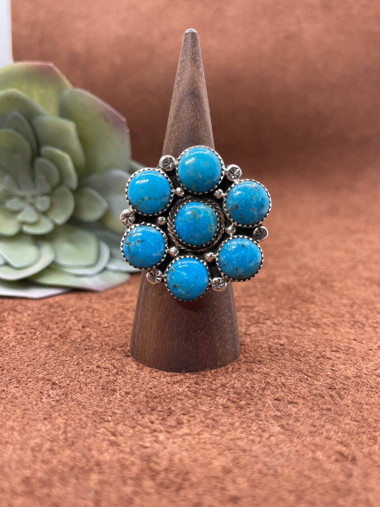 10.0 7 Stone Turquoise Cluster Ring by Charlene Yazzie, Navajo