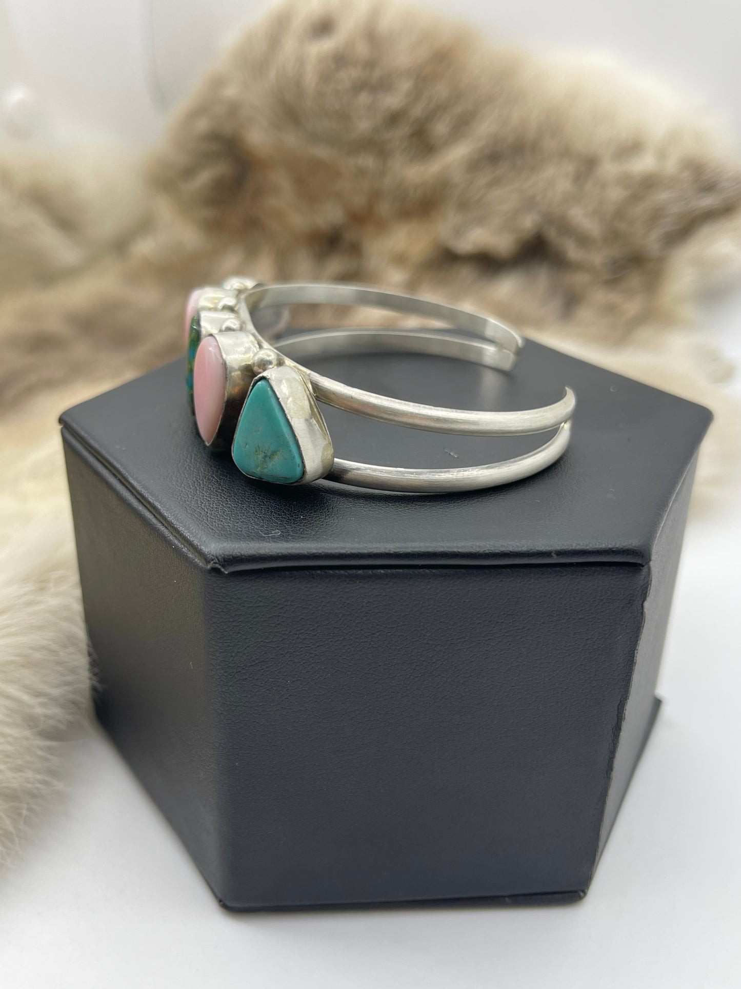 5 Stone Pink Conch & Turquoise Cuff by Augustine Largo, Navajo