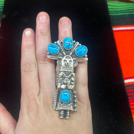 7.5 Kachina Kingman Web Turquoise Ring by Patrick Yazzie, Navajo
