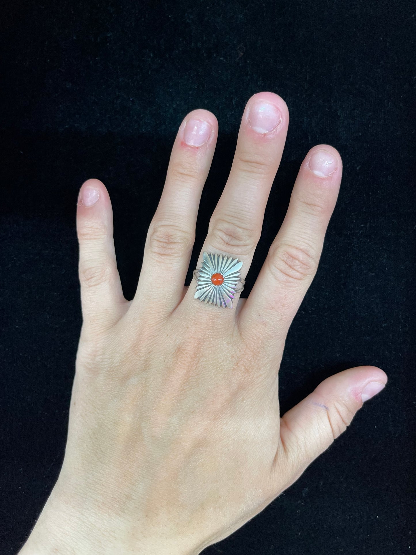 Sterling Silver and Red Coral Ring by Jamie Saunders, Navajo