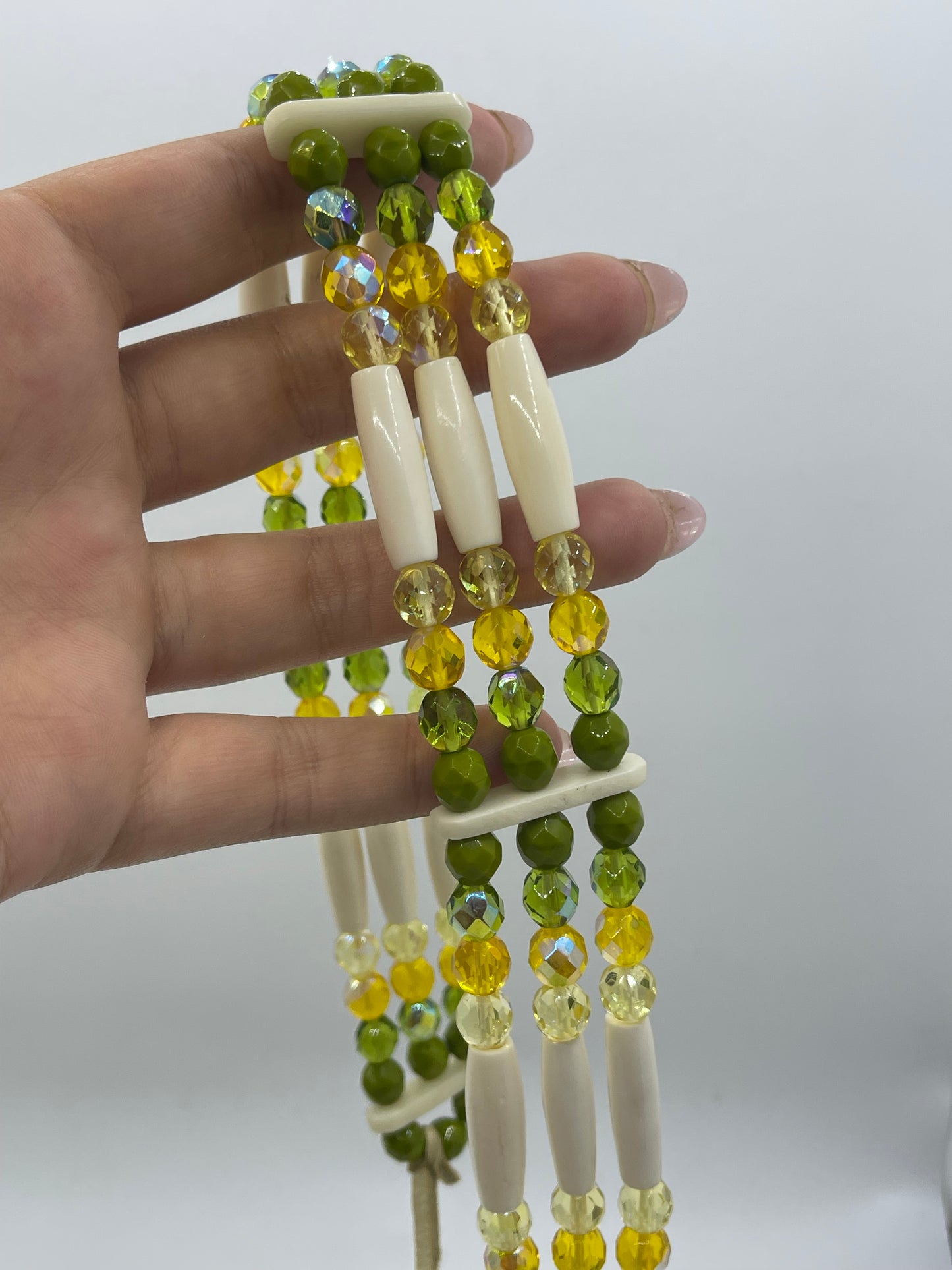 16" Yellow & Green Beaded Necklace Made from Glass & Bone