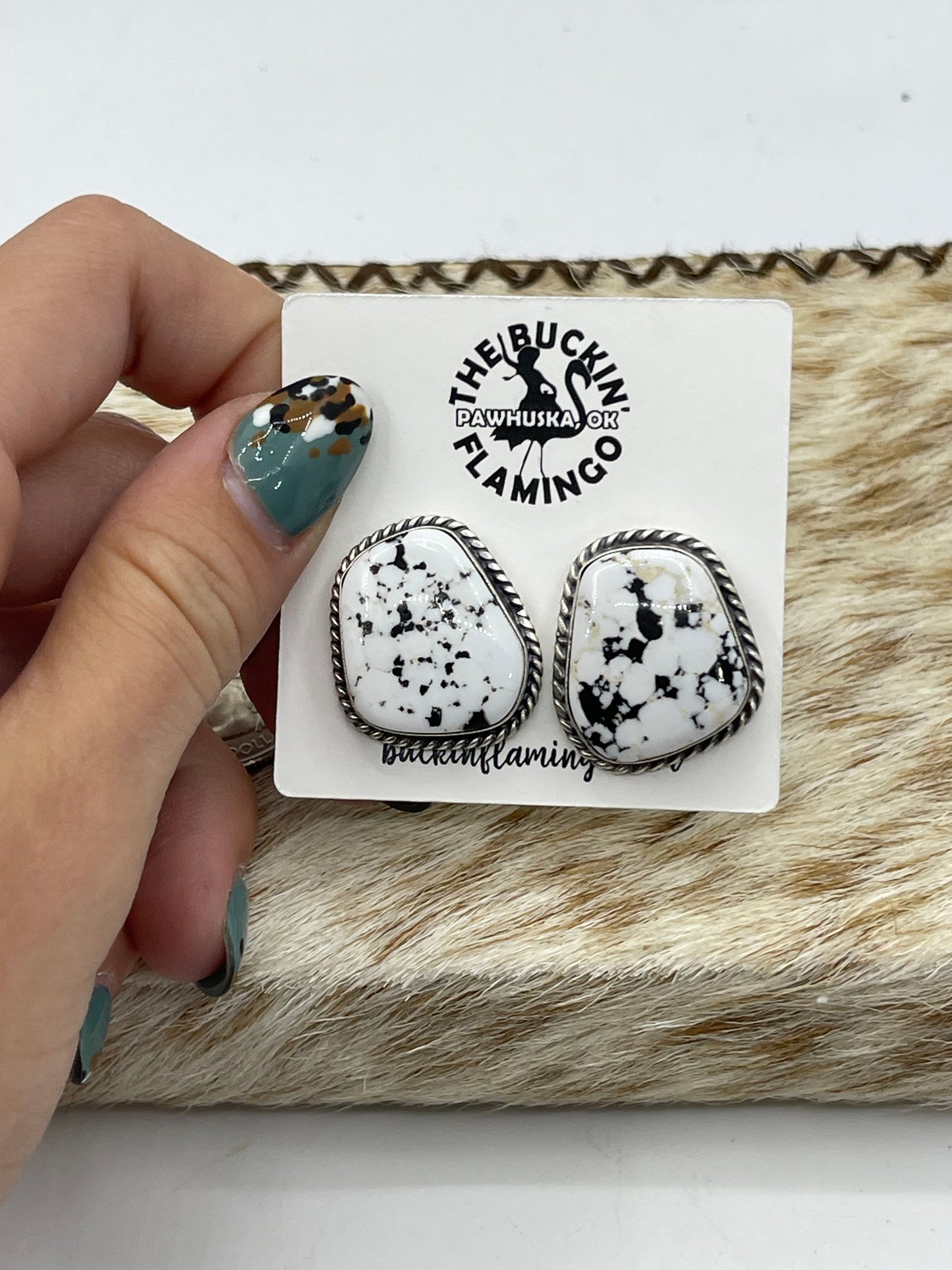 White Buffalo Post Earrings by Elouise Kee, Navajo