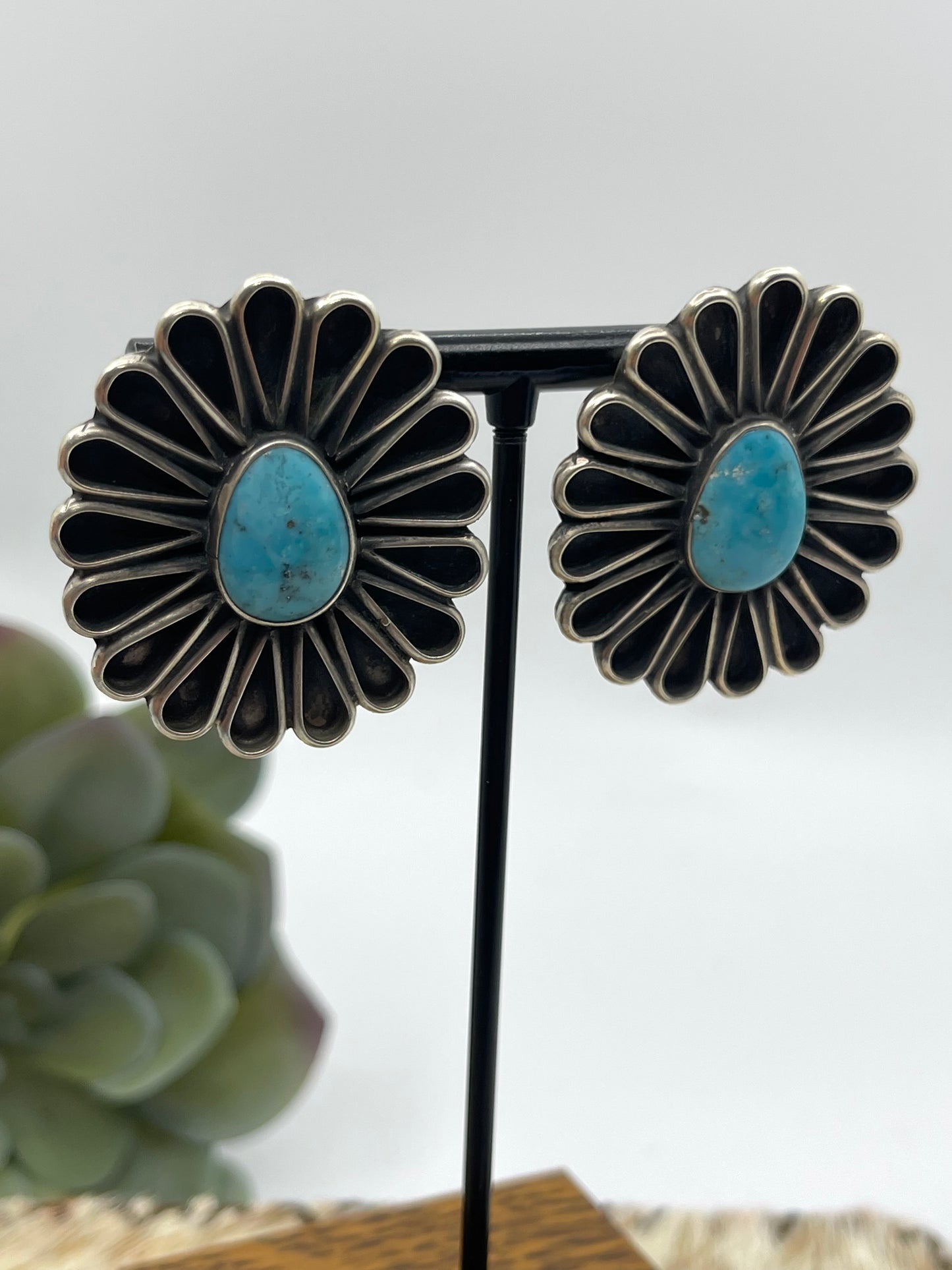 Turquoise Fan Flower Blossom Earrings by Geraldine James, Navajo