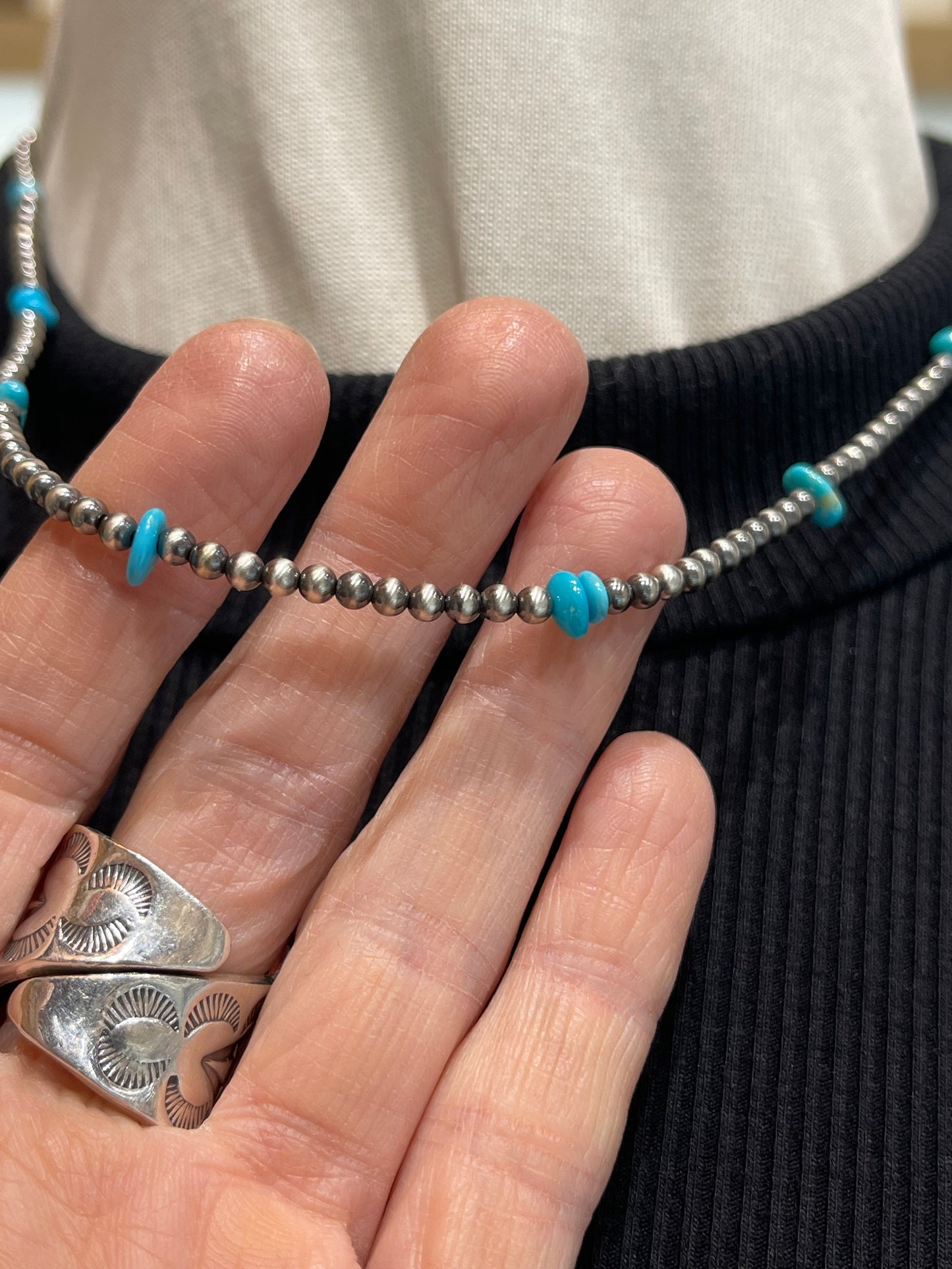 3mm 18" Navajo Style Pearls With Chunky Turquoise