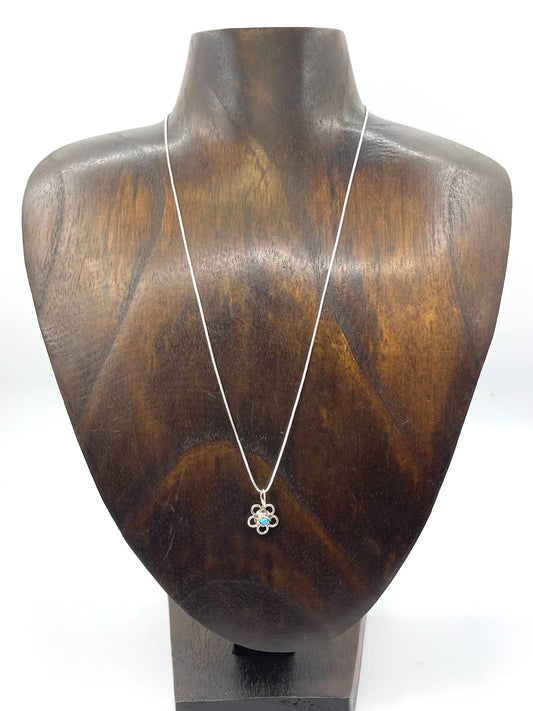 18” Chain with Turquoise Tiny Flower Pendant by Connie Bowannie, Zuni