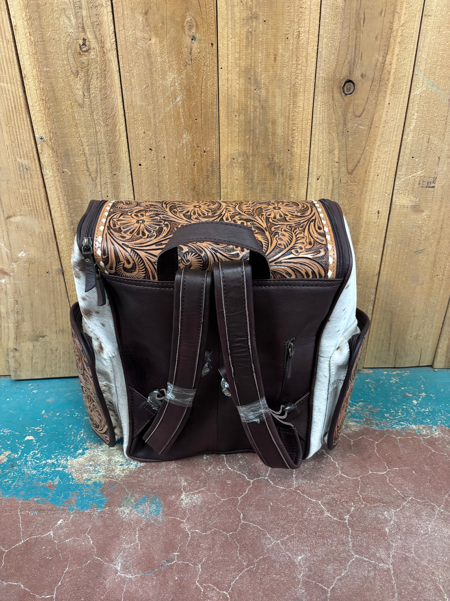 Version 2 Brown and White Cowhide Flower Tooled Leather Backpack