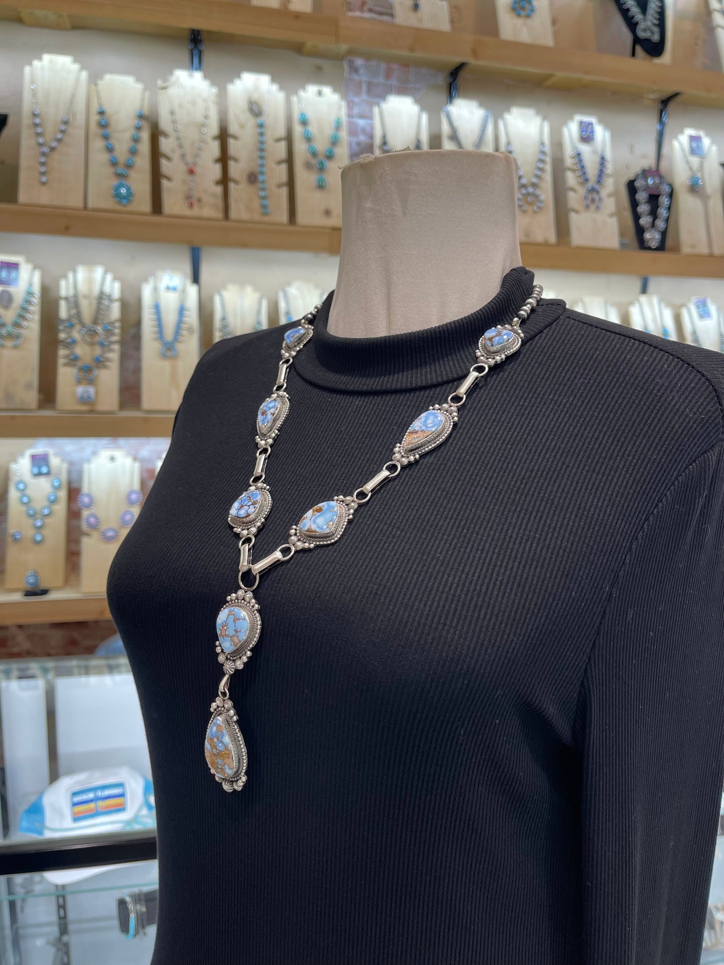 Golden Hills Turquoise Lariat 24”+4” Necklace & Earring Set by Tom Lewis, Navajo