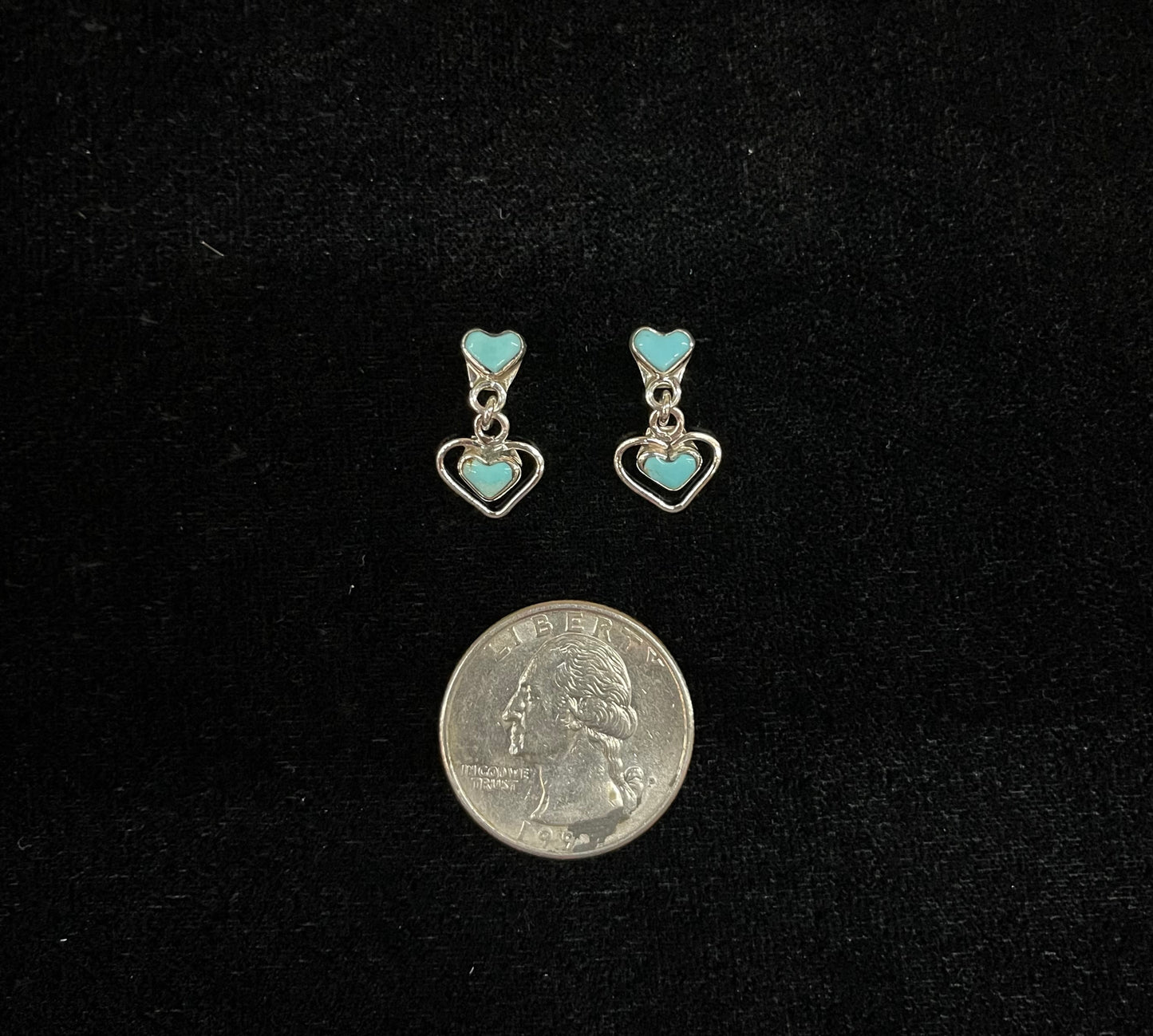 Dainty Double Turquoise Heart Post Dangles by Kallen Kallestewa, Zuni