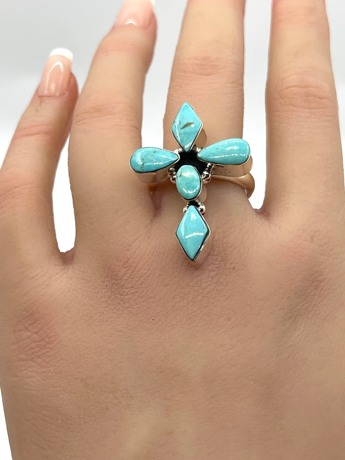 9.0 Turquoise Cross Ring by Running Bear, Navajo