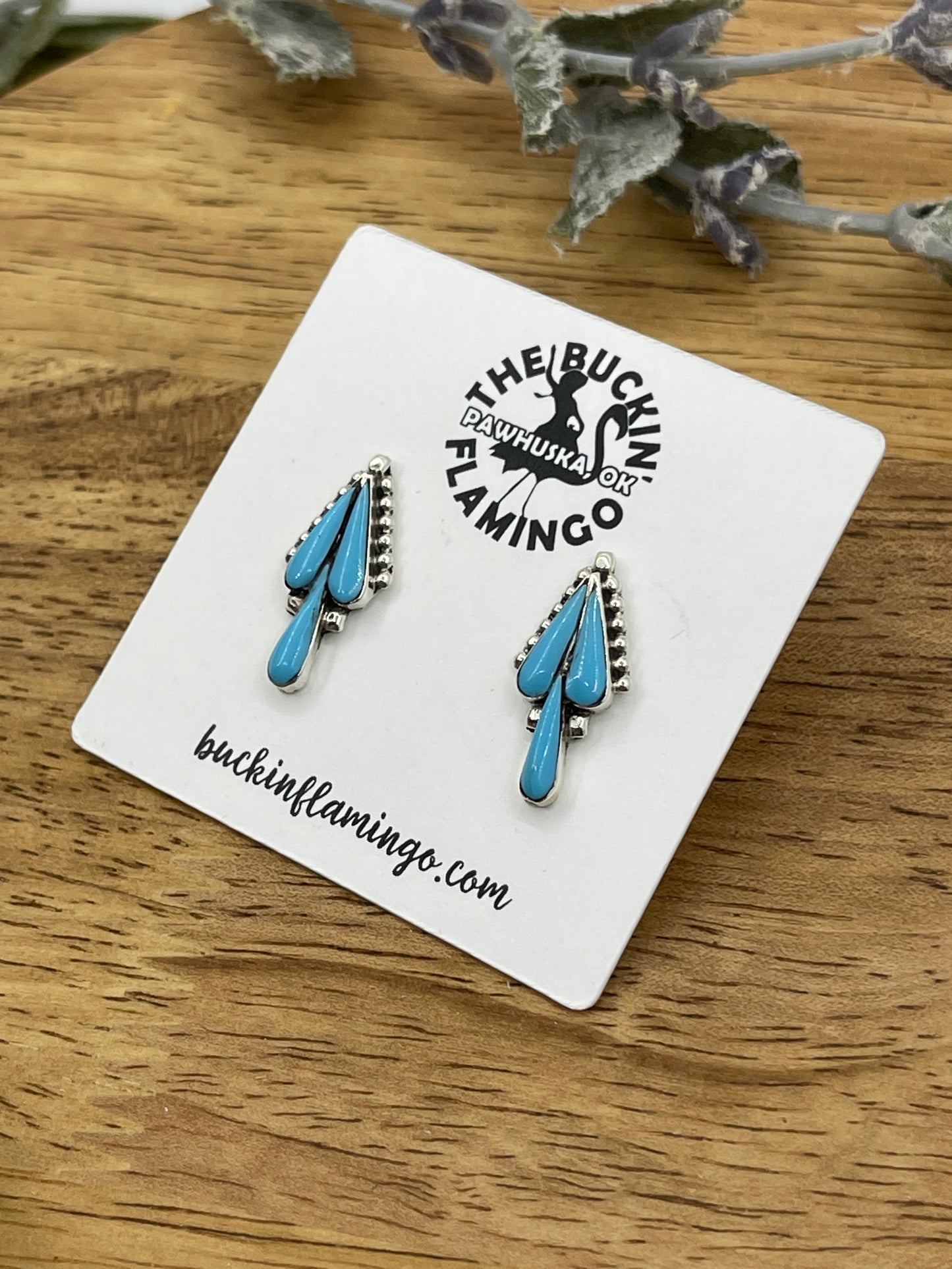 3 Stone Turquoise Teardrop Post Earrings by Vincent Hooee, Zuni