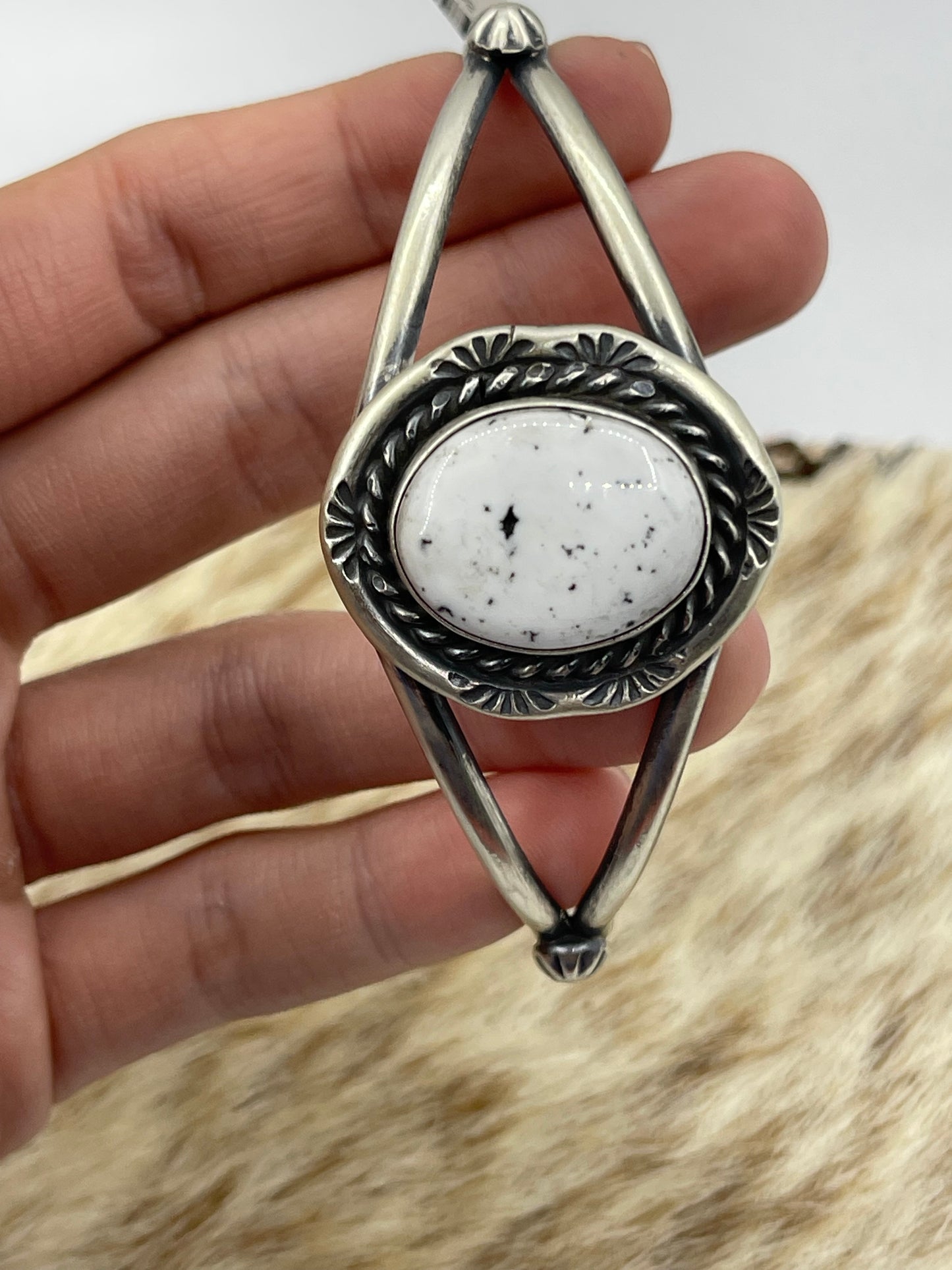 5 3/4"-7 1/4" White Buffalo Oval Cuff by Augustine Largo, Navajo