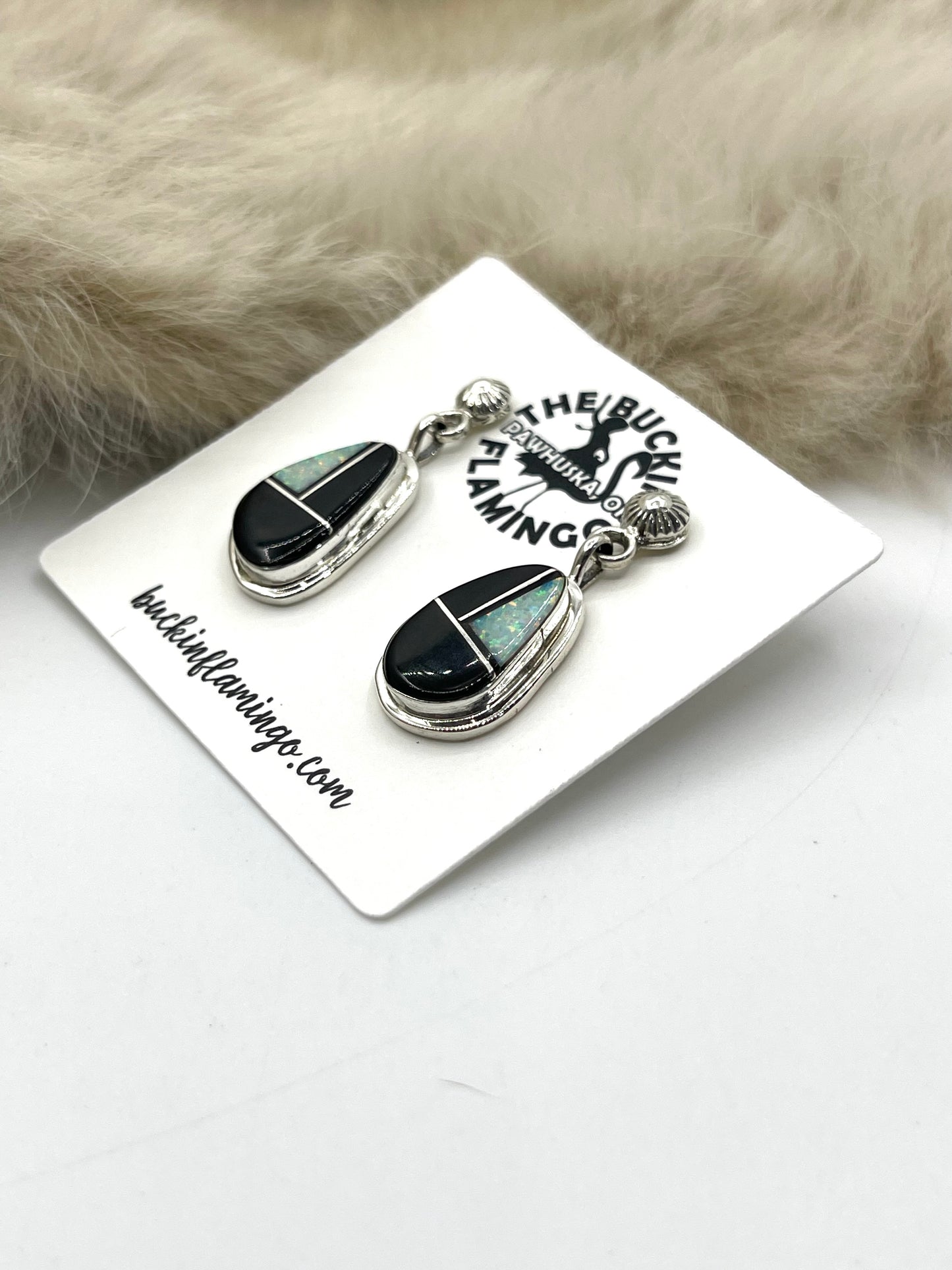 Onyx & White Opal Earrings by James Manygoats, Navajo