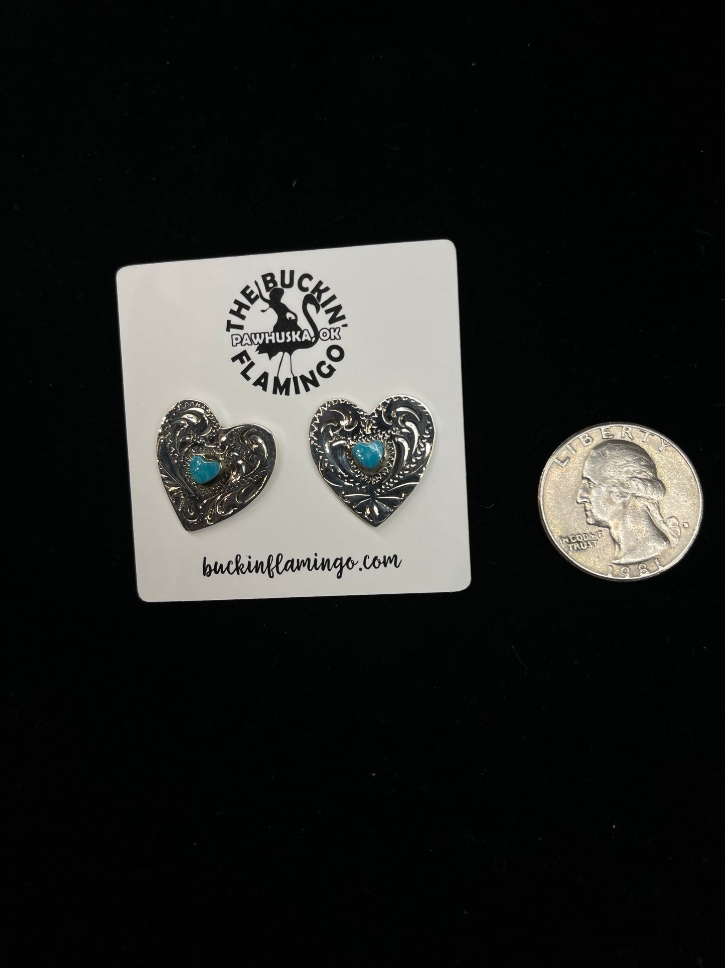 Stamped Turquoise Heart Post Earrings by Ryntanna Yazzie, Navajo