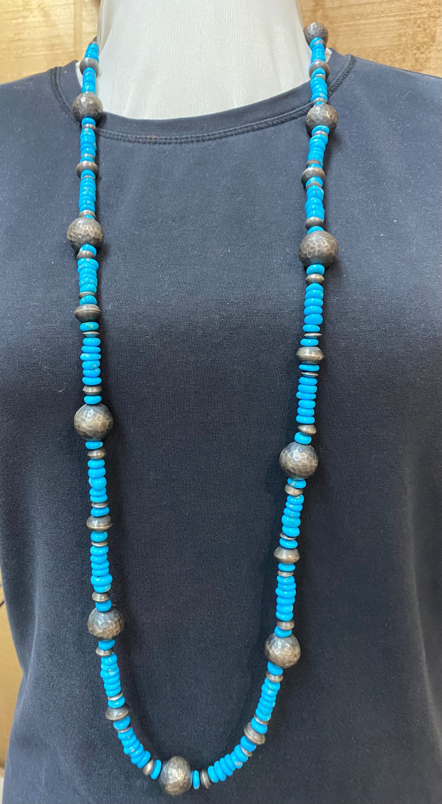 42" Handmade Textured Sterling Silver Beads, Sleeping Beauty Turquoise Beads, and Navajo Saucers