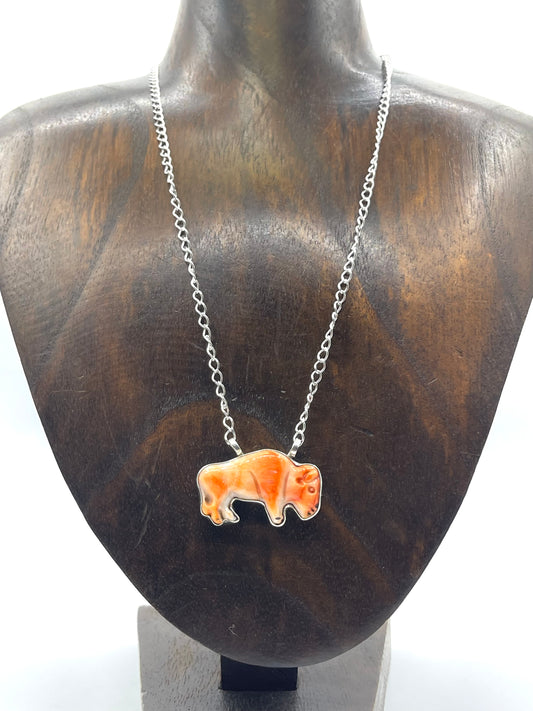 18" Orange Spiny Oyster Buffalo Necklace, USA Made, Not Native