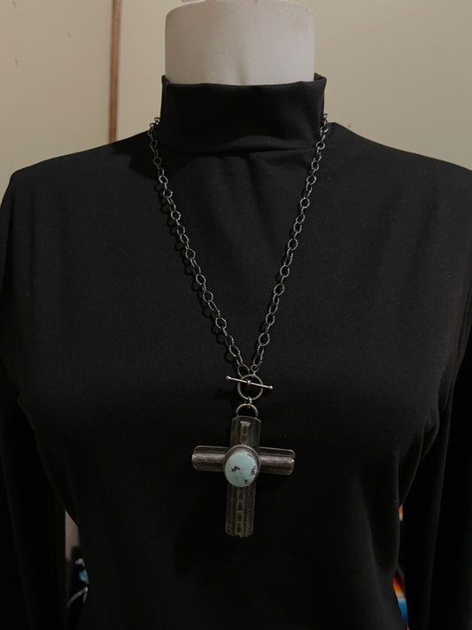 22" Golden Hills Turquoise Cross Necklace with Toggle Clasp in Front by Bison, Navajo
