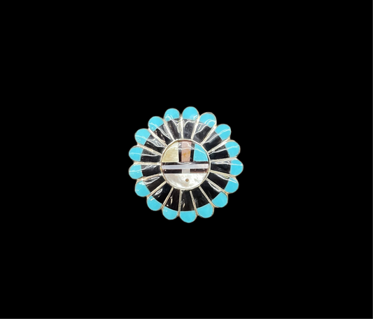 Zuni Round Mother of Pearl, Coral, Black Jet and Turquoise Inlay in Pin/Pendant/Brooch