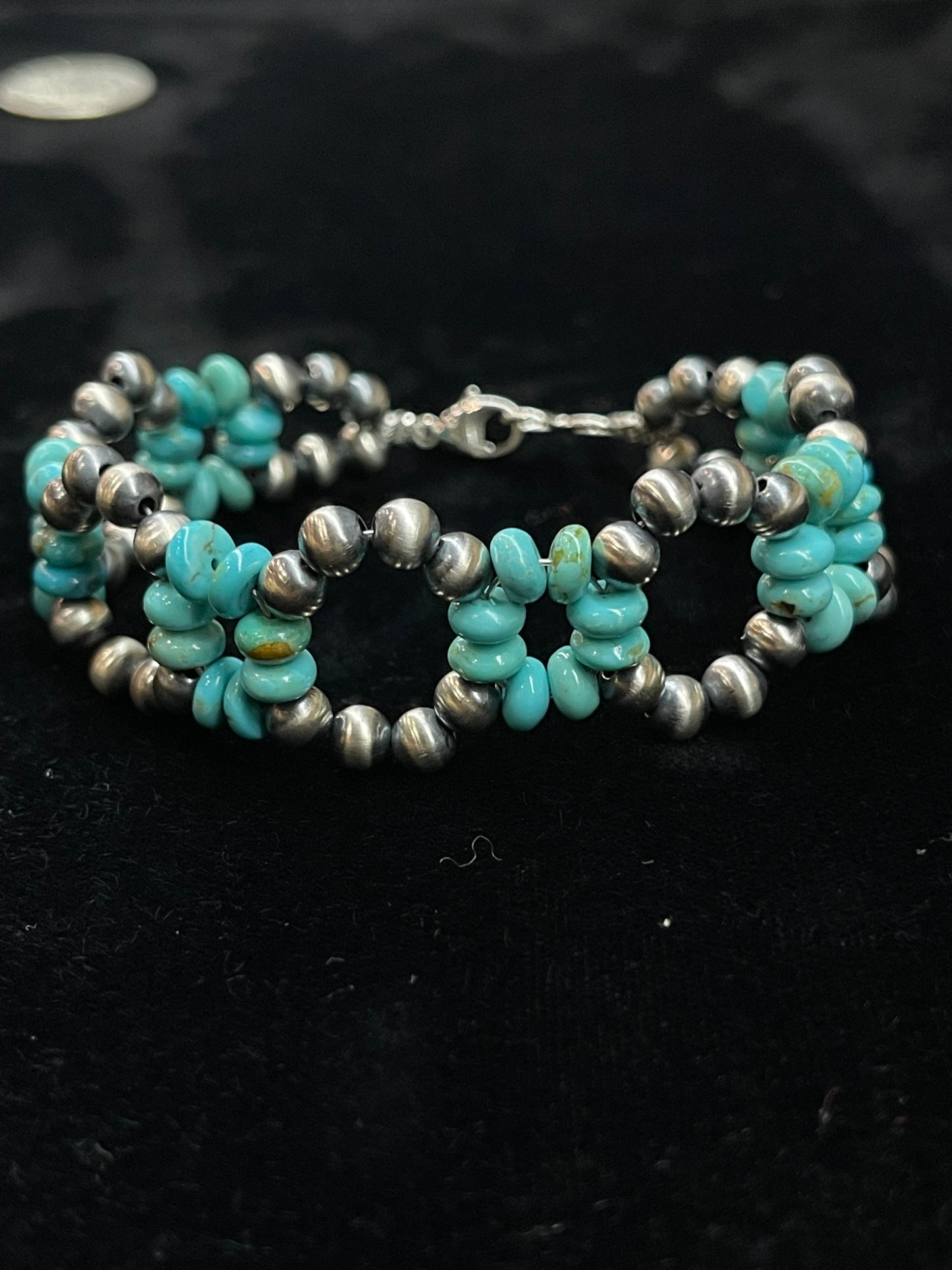 7 1/4" 5mm Silver Pearls with Turquoise  Bracelet