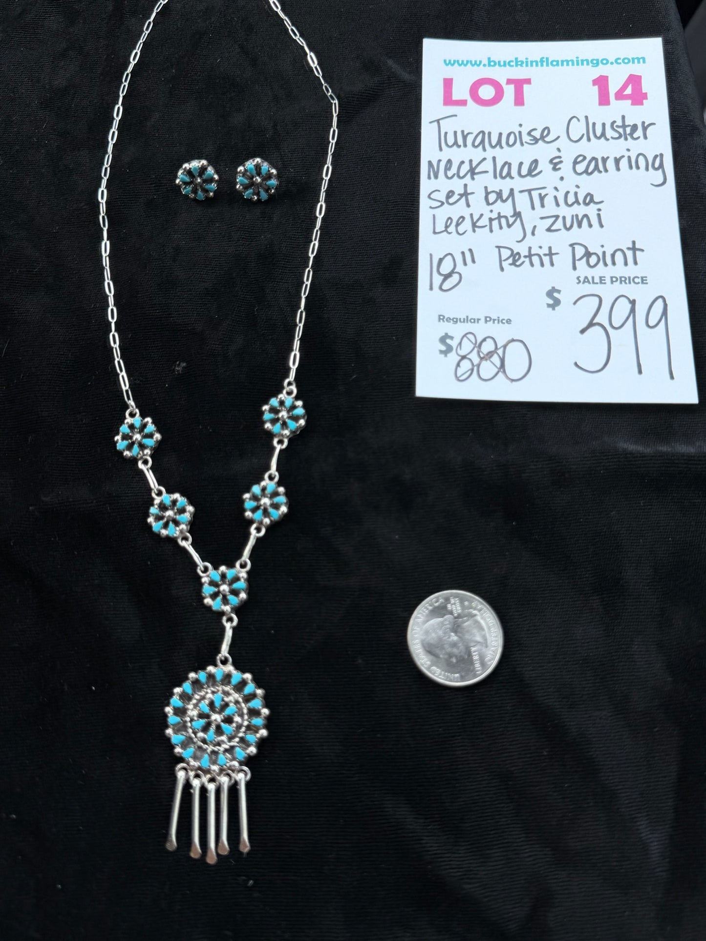 LOT 14 8/9 Turquoise Cluster Necklace & Earring Set by Tricia Leekity, Zuni 18" Petit Point