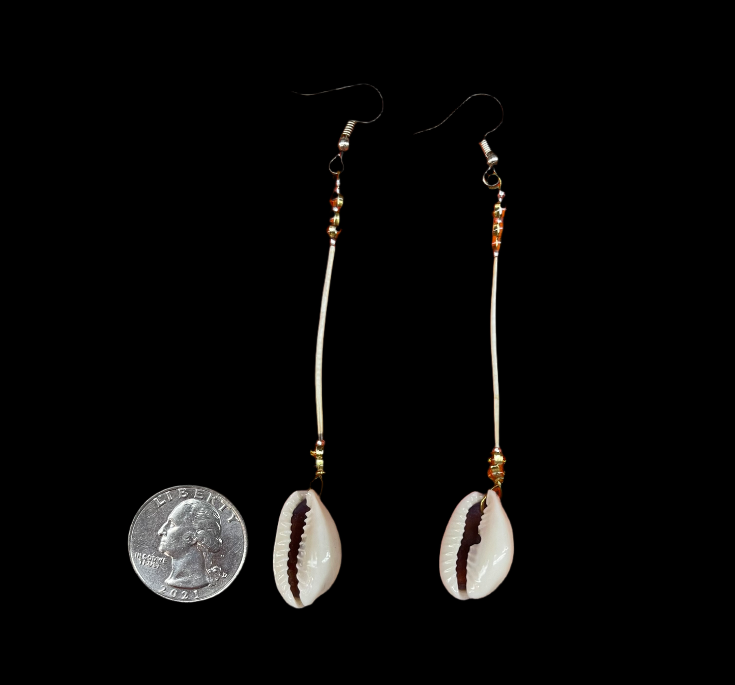 Cowrie Shell and Porcupine Quill Dangle Earrings