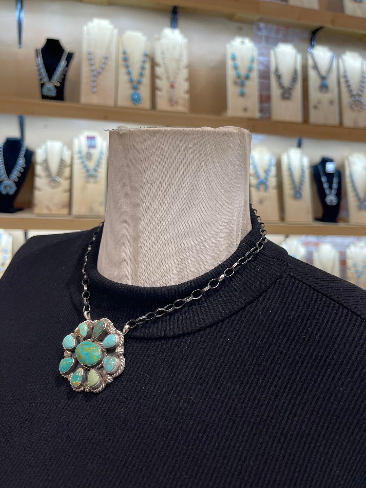 16" Kingman Turquoise Cluster Necklace by Augustine Largo, Navajo