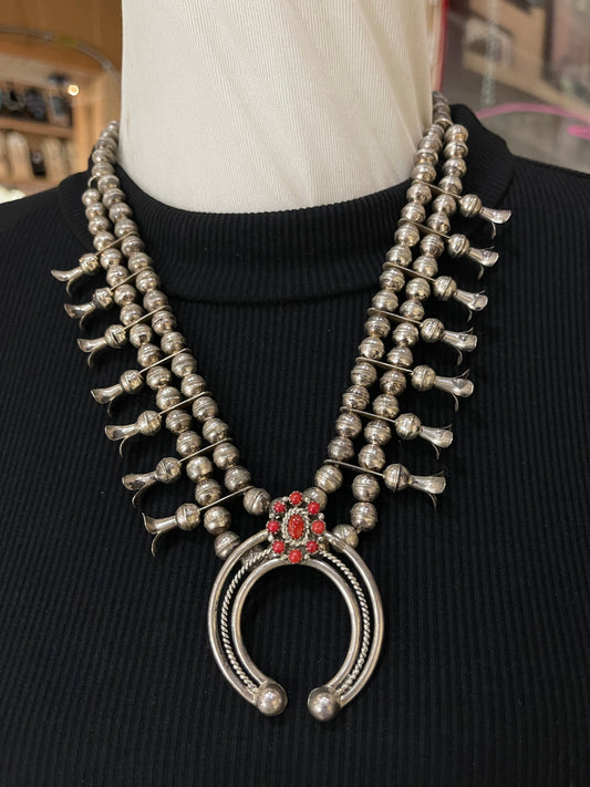 20" Red Coral Cluster Squash Blossom Necklace by Nate Curly, Navajo