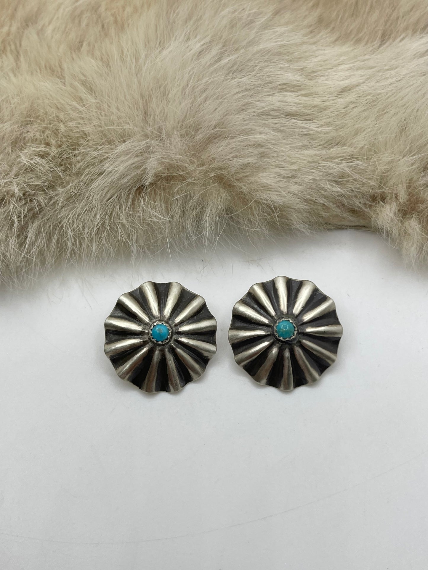 Ribbed Concho Post Earring with Turquoise by Arlene Soce, Navajo