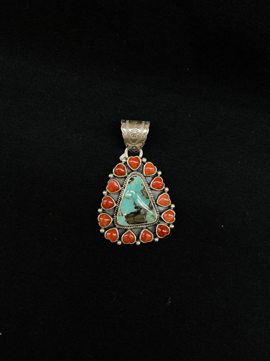 Red Coral and Turquoise Triangle Pendant by 10mm Bale by K. Nez, Navajo