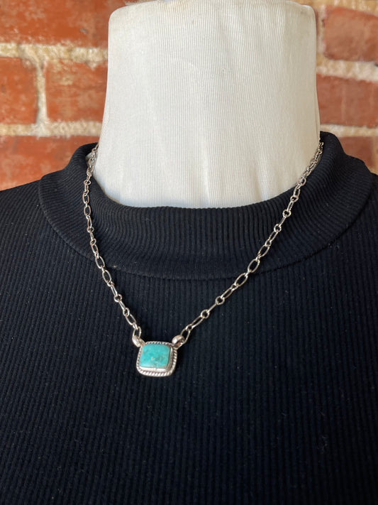 16" Tiny Turquoise Bar Necklace with Rope Border (Matrix Varies)