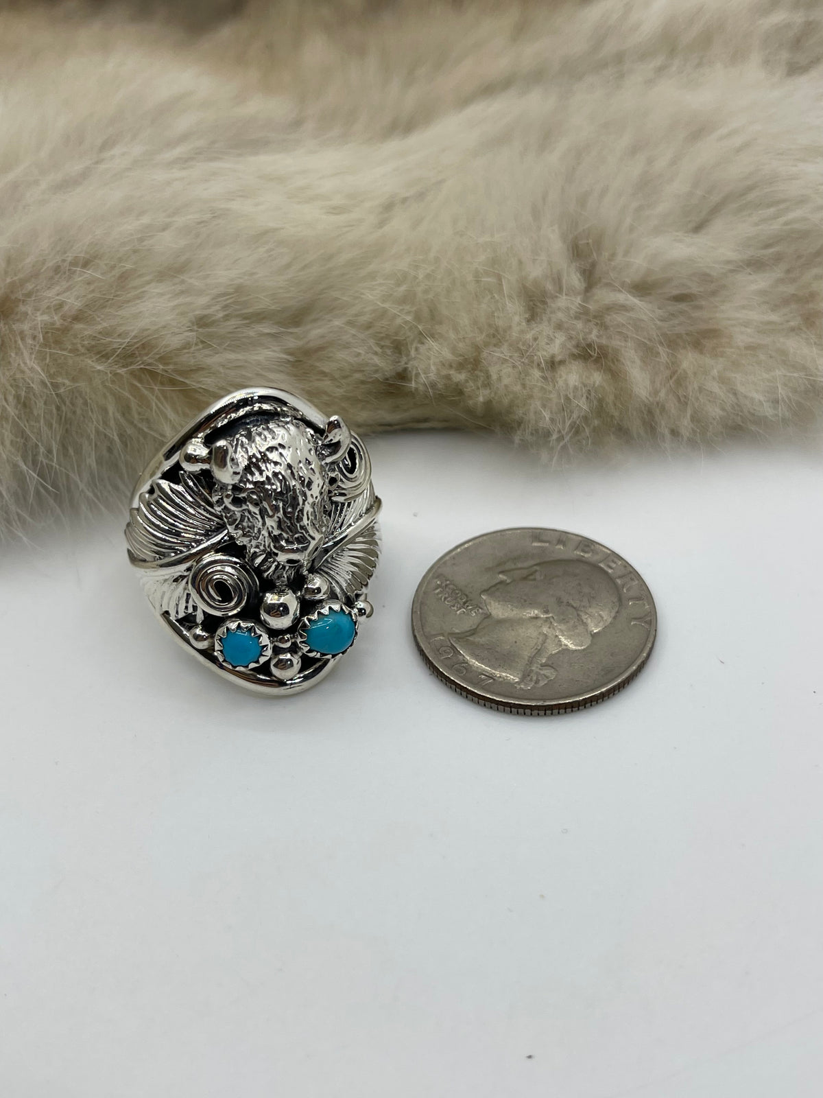10.0 Buffalo Ring with Turquoise by Darrell Morgan, Navajo