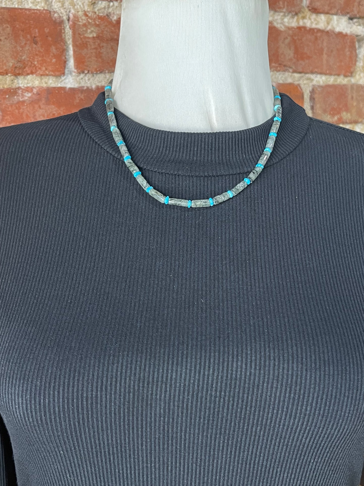 18" Smoky Quartz and Sleeping Beauty Turquoise Beaded Necklace, Navajo