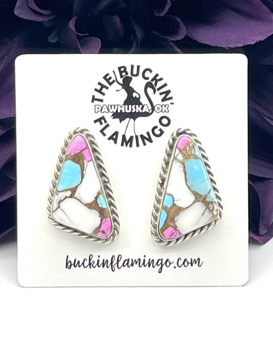 Triangle Cotton Candy Earrings by Chassity Belone, Navajo