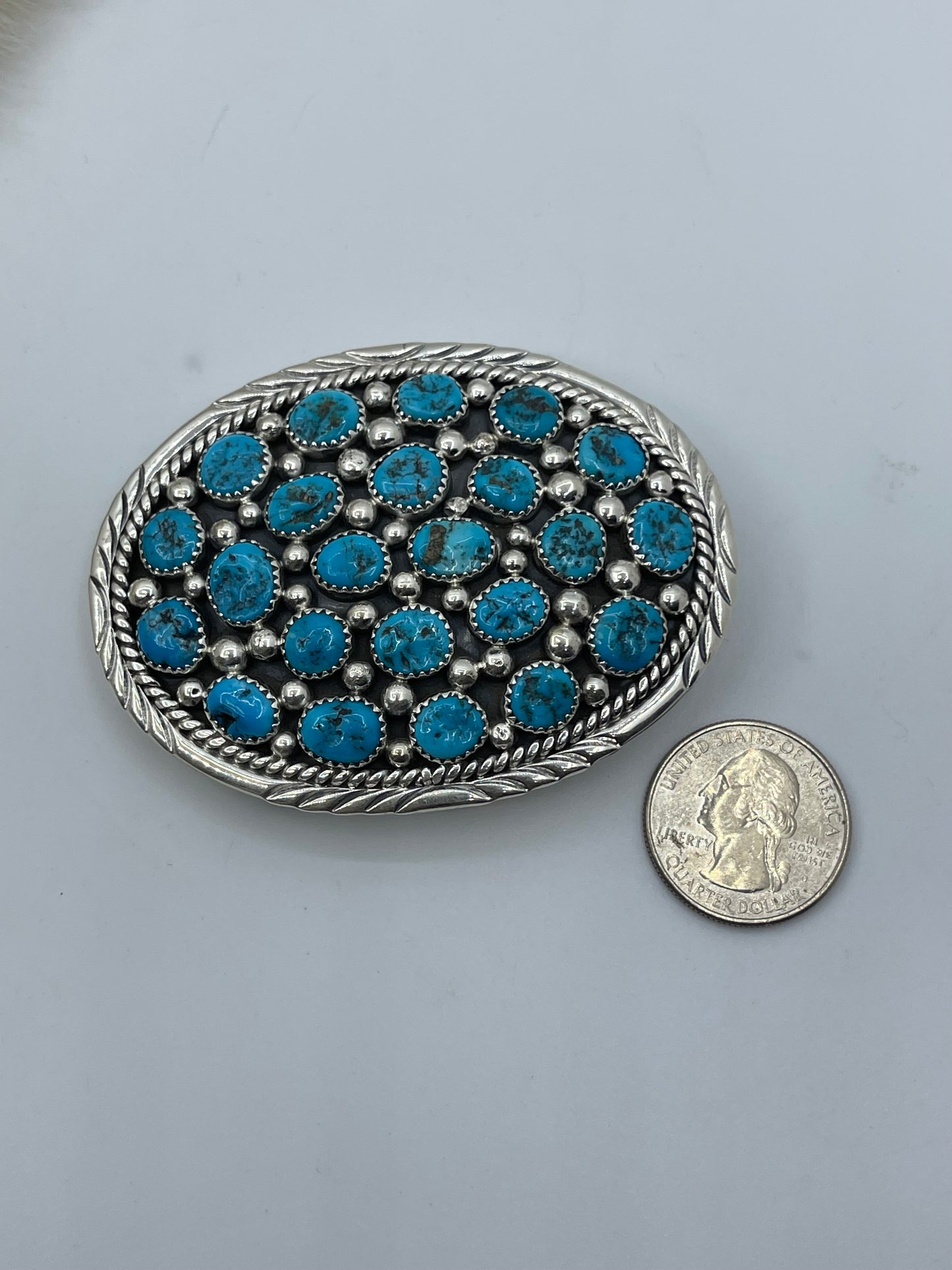 23 Stone Sleeping Beauty Turquoise Belt Buckle by O. Charley, Navajo