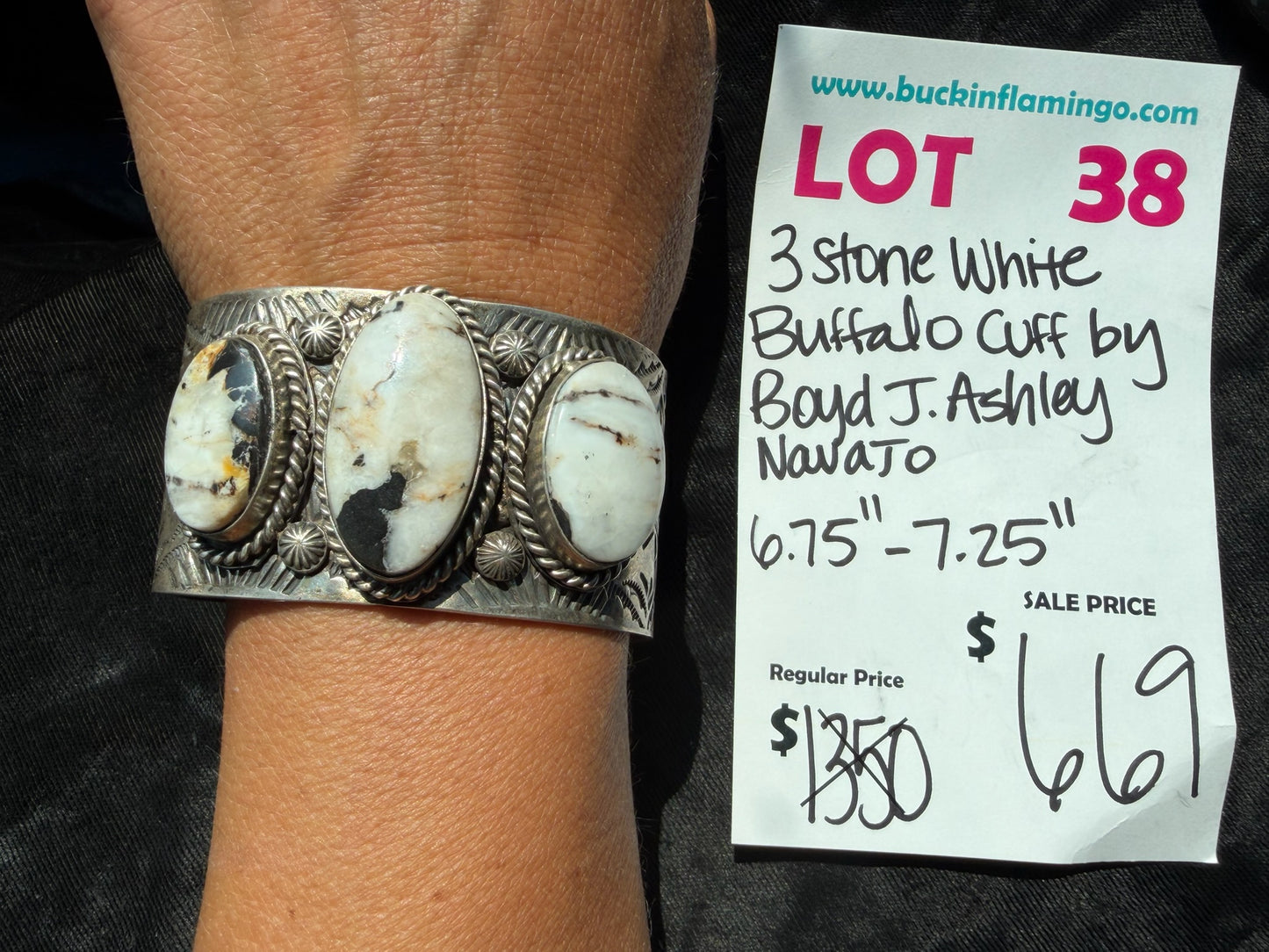 LOT 38 8/9 3 Stone White Buffalo Cuff by Boyd J. Ashley, Navajo 6.75"-7.25"
