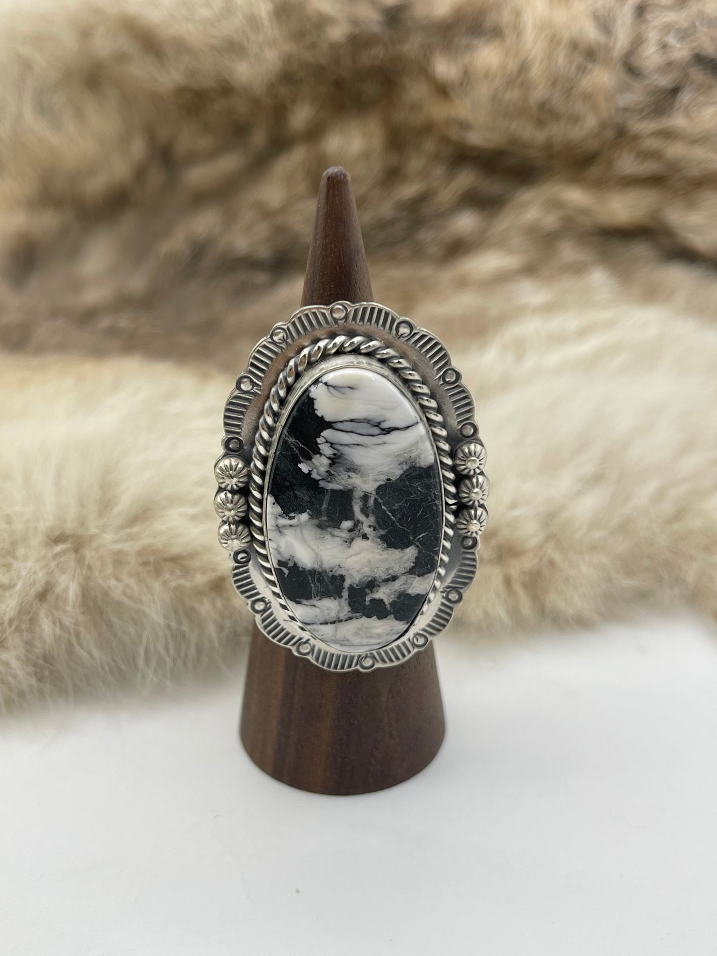 Adjustable 7.0-10.0 White Buffalo Ring with Stamped "L" by Artist
