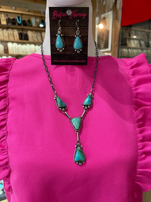 24" Turquoise Lariat Necklace and Dangle Earrings Set by Augustine Largo, Navajo