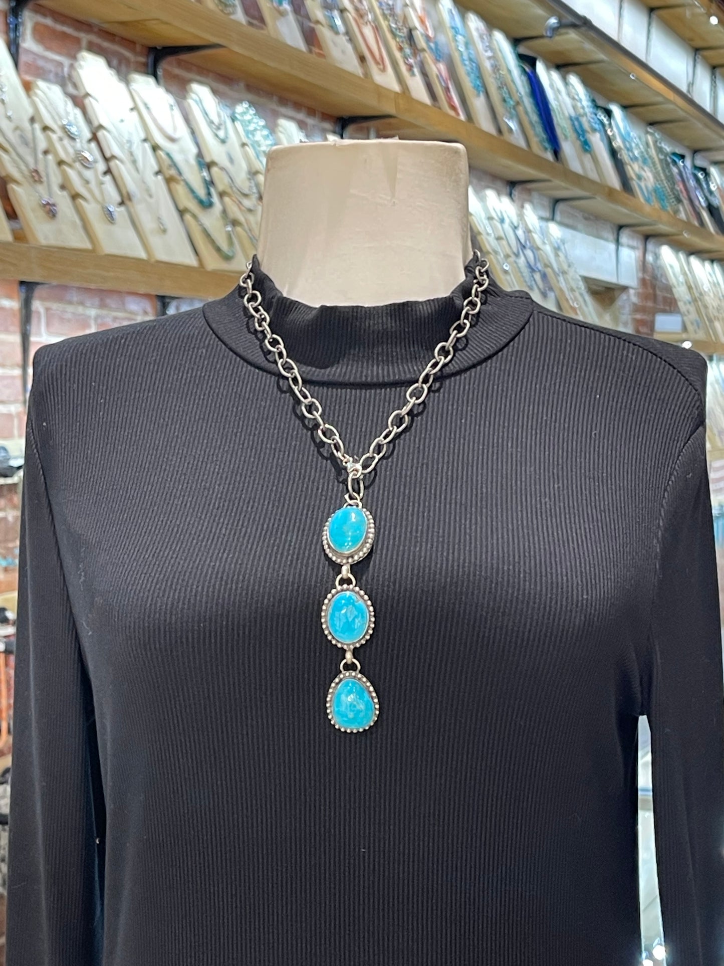 3 Stone Sonoran Blue Turquoise Lariat Style Necklace by Delbert Secatero, Navajo