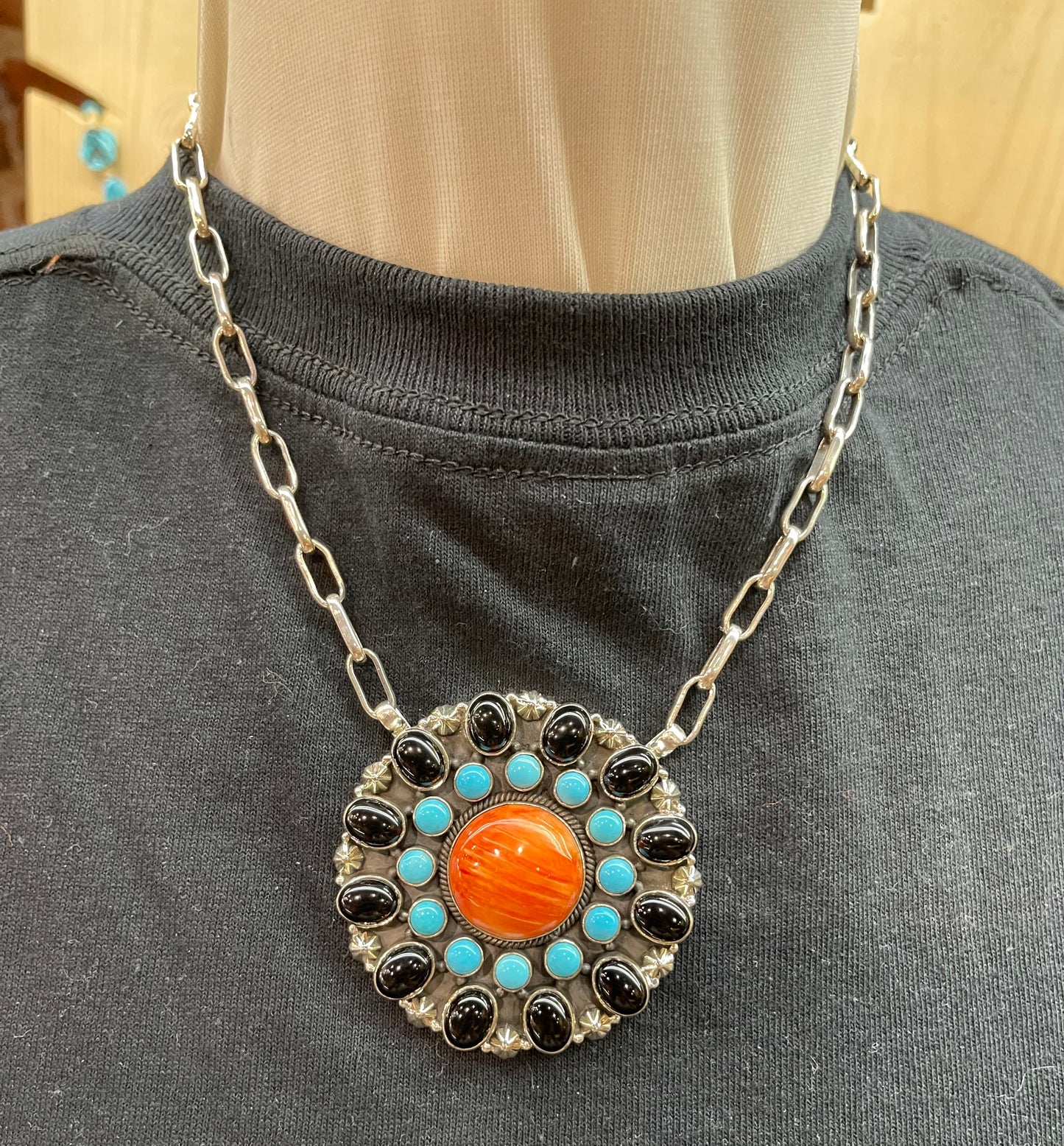 16" Sleeping Beauty Turquoise, Orange Spiny Oyster Shell, and Black Onyx Cluster Necklace