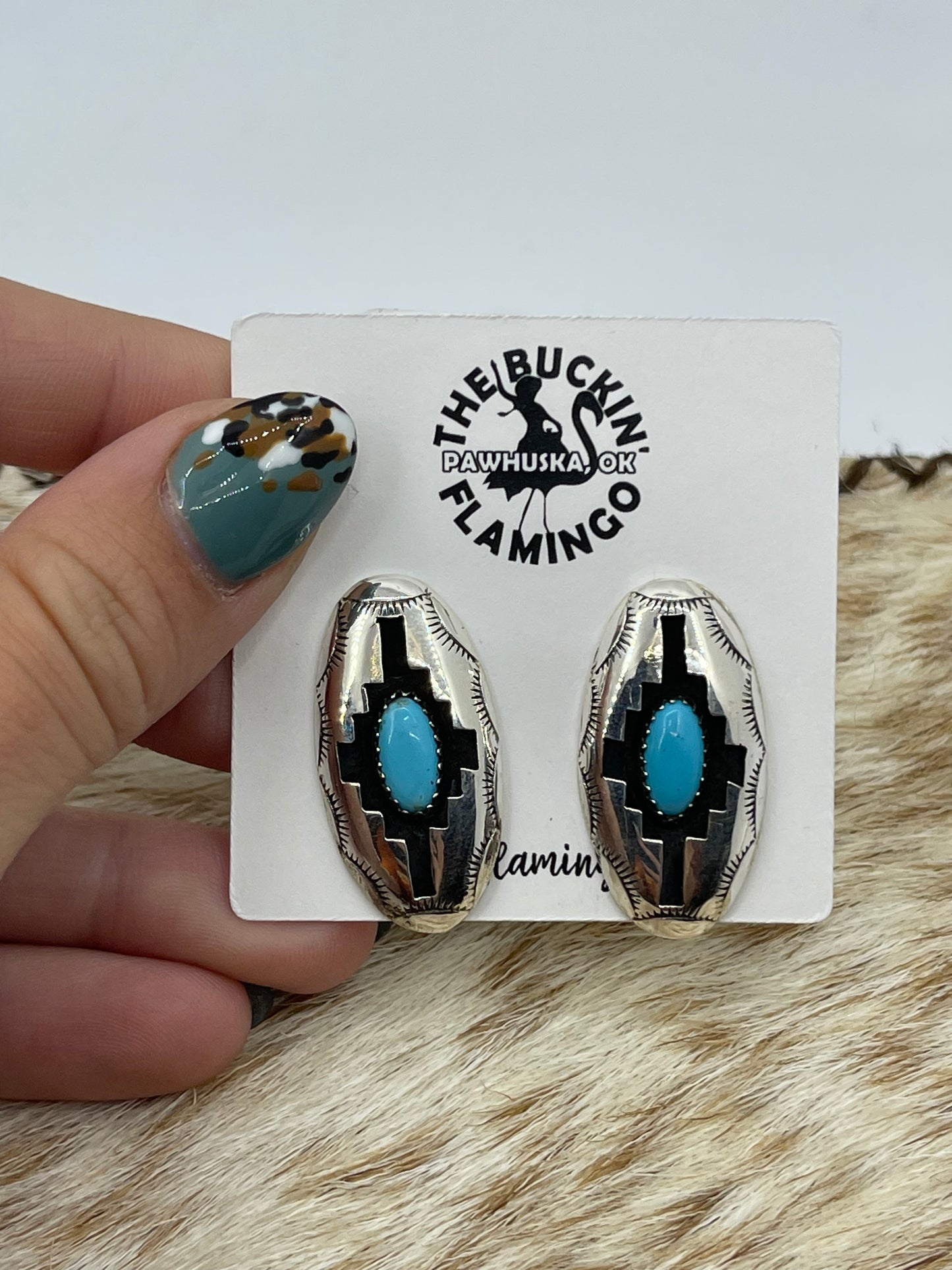 Oval Turquoise Shadowbox Post Earrings by Felix Perry, Navajo