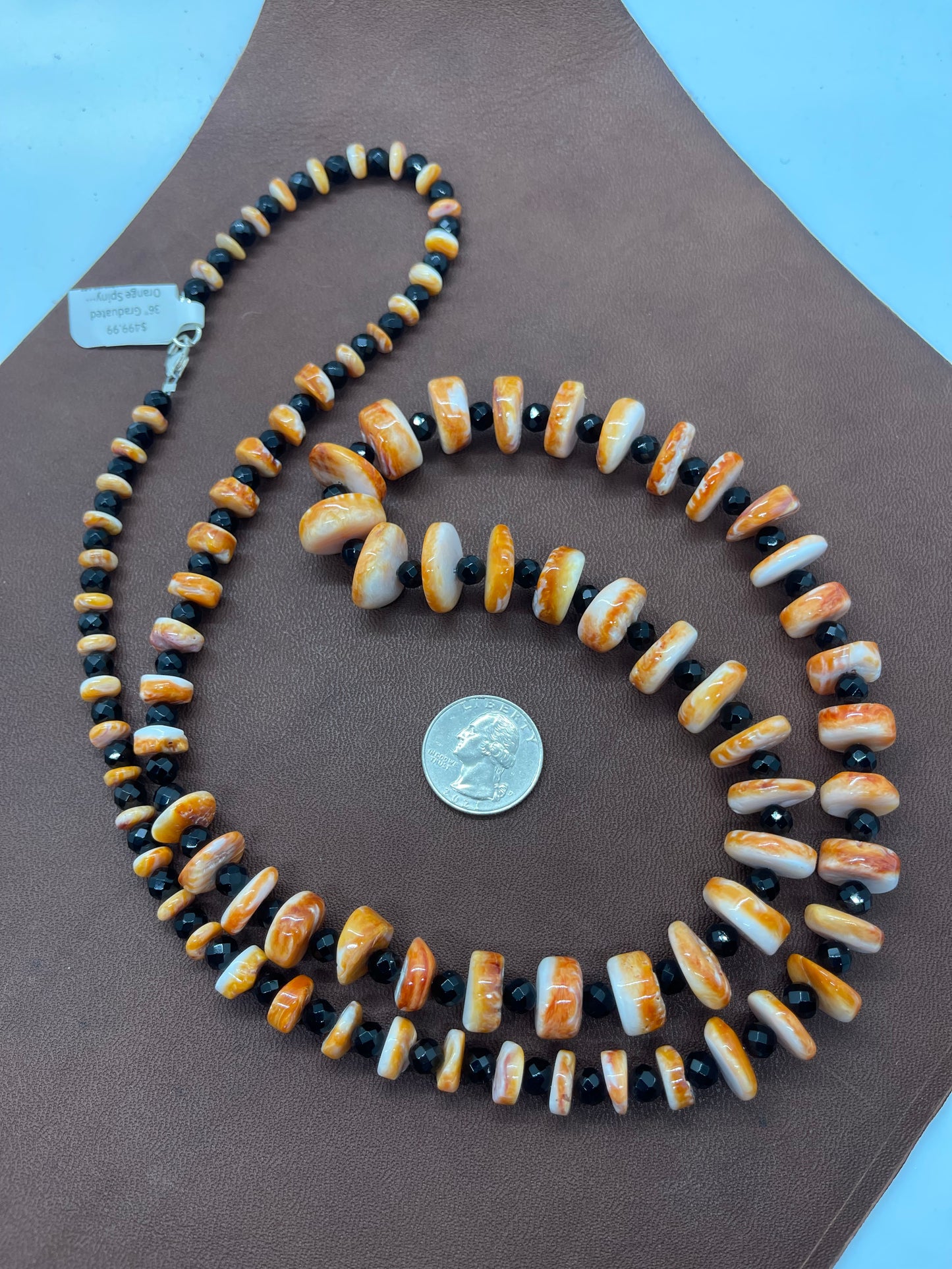 36" Graduated Orange Spiny Oyster Shell and Black Onyx Faceted Beaded Necklace