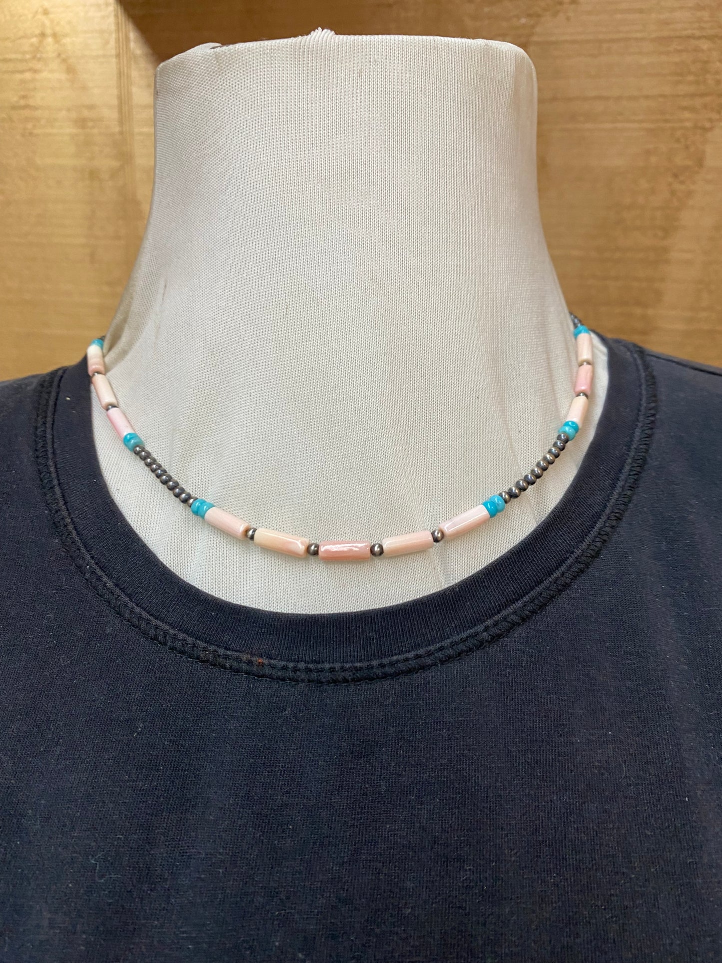 16" Pink Conch Shell Beads, Sleeping Beauty Turquoise Nuggets, and 3mm Navajo Pearls