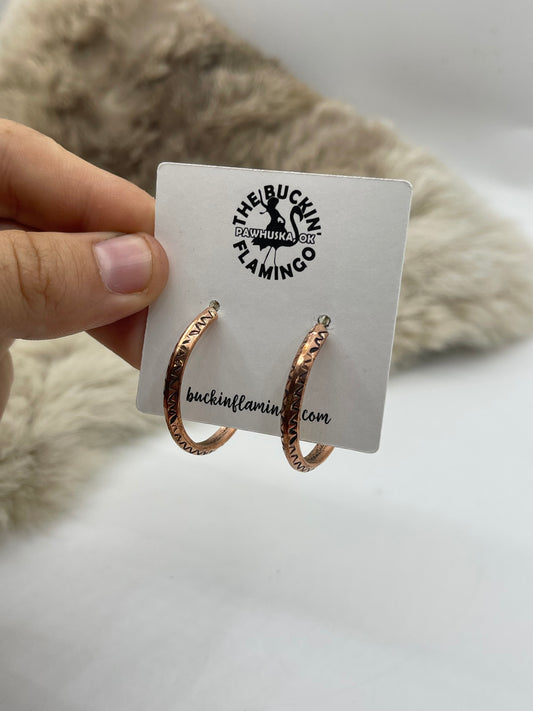 Stamped Copper Hoop Earrings by Elaine Tahe, Navajo