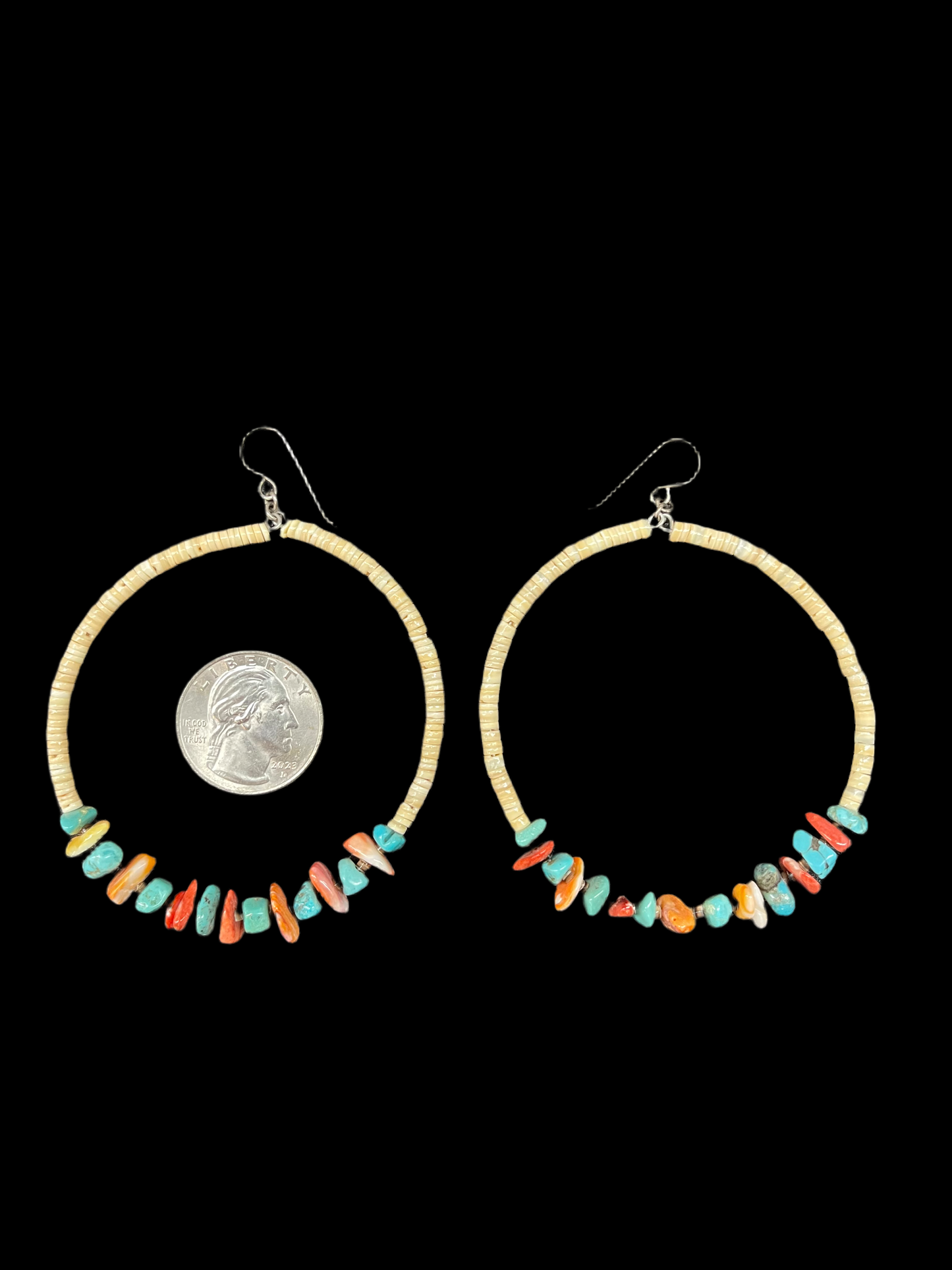 Large Clam Shell Hoops with Turquoise and Spiny Oyster Shell, Santo Domingo Made