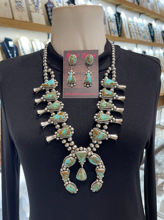 26" Kingman Turquoise Squash Blossom and Earring Set by Augustine Largo, Navajo