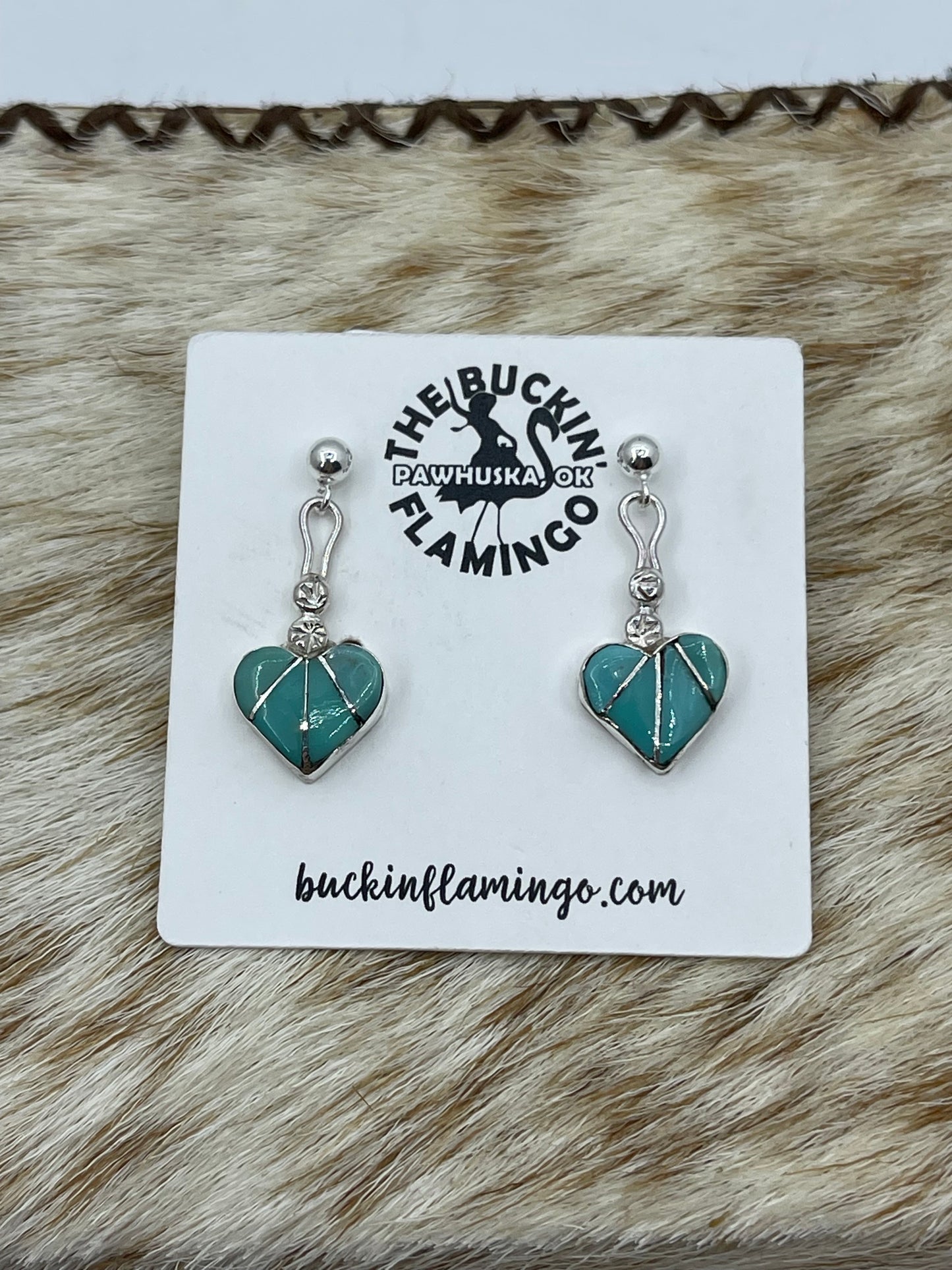 Inlaid Heart Post Dangle Earrings, Zuni