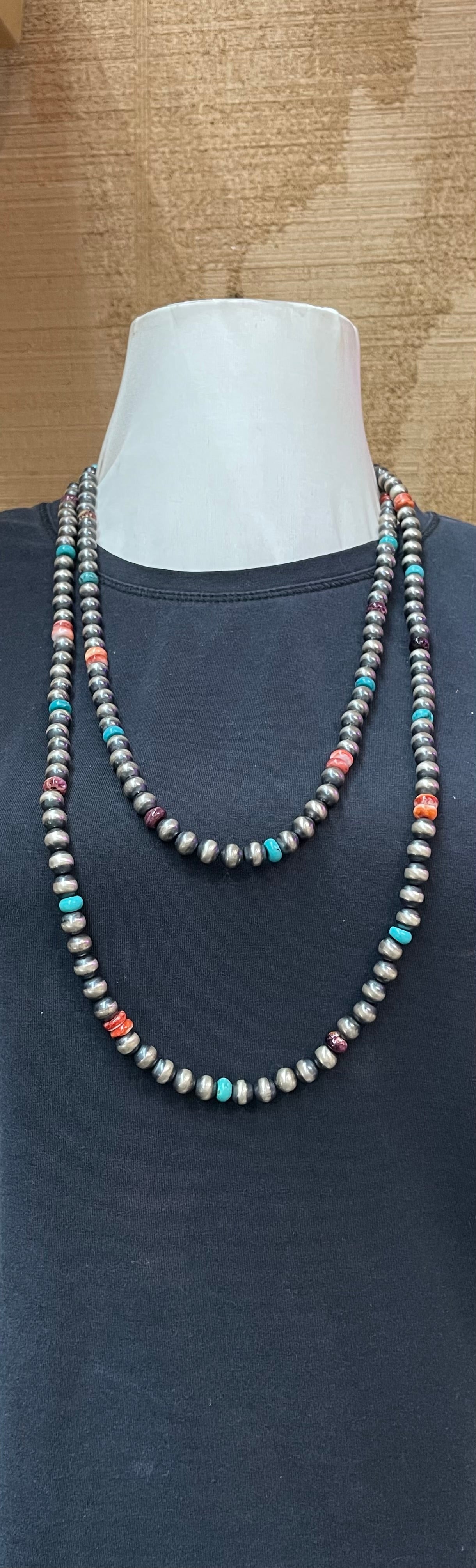 60" 8mm Navajo Pearls, Turquoise, and Spiny Oyster Shell Necklace