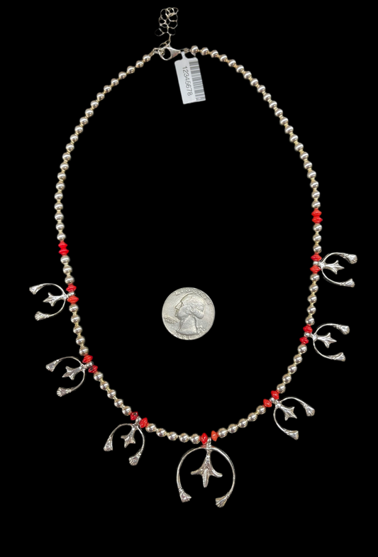 18"+2" Extender 5mm Silver Pearls and Red Coral Beads