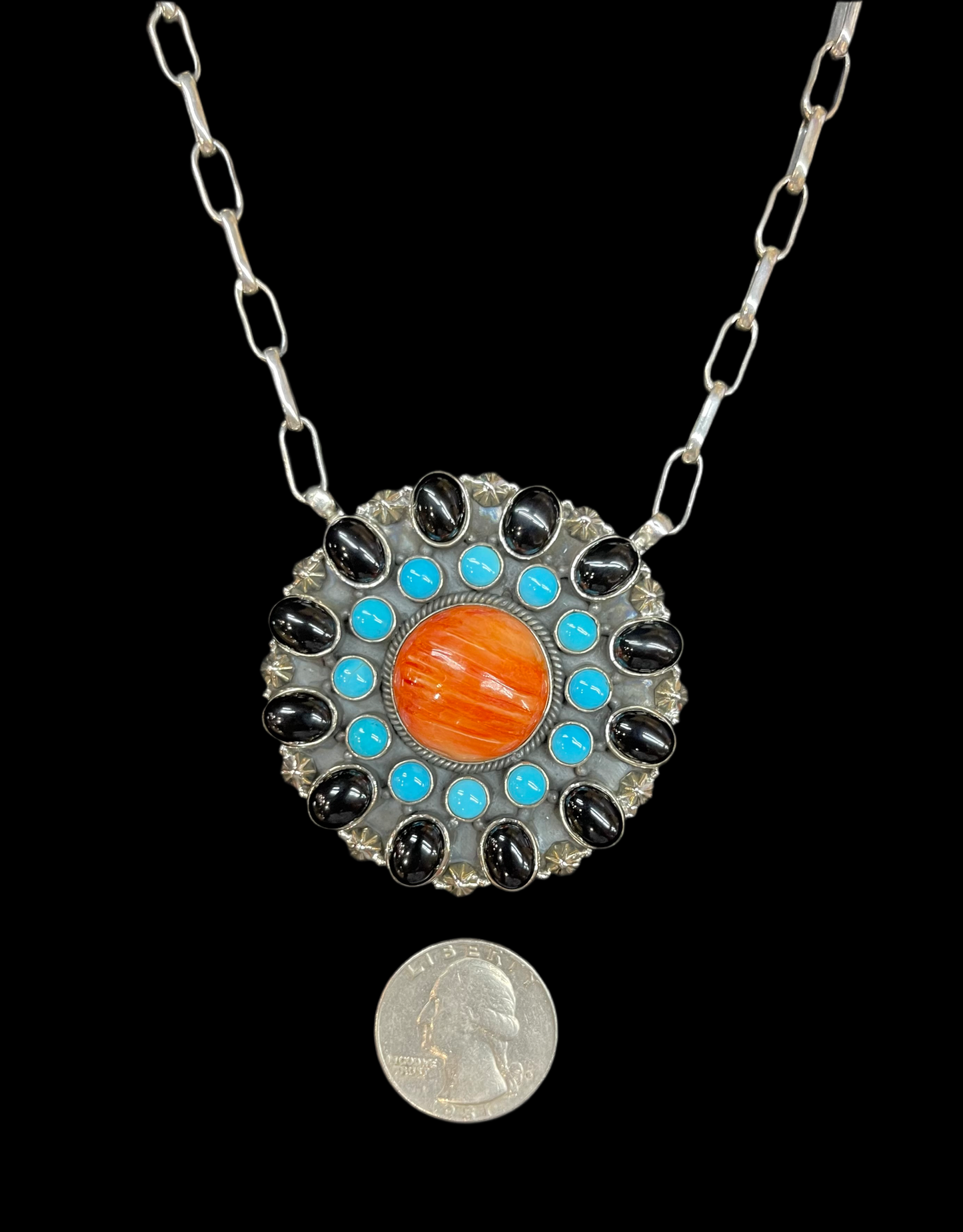 16" Sleeping Beauty Turquoise, Orange Spiny Oyster Shell, and Black Onyx Cluster Necklace