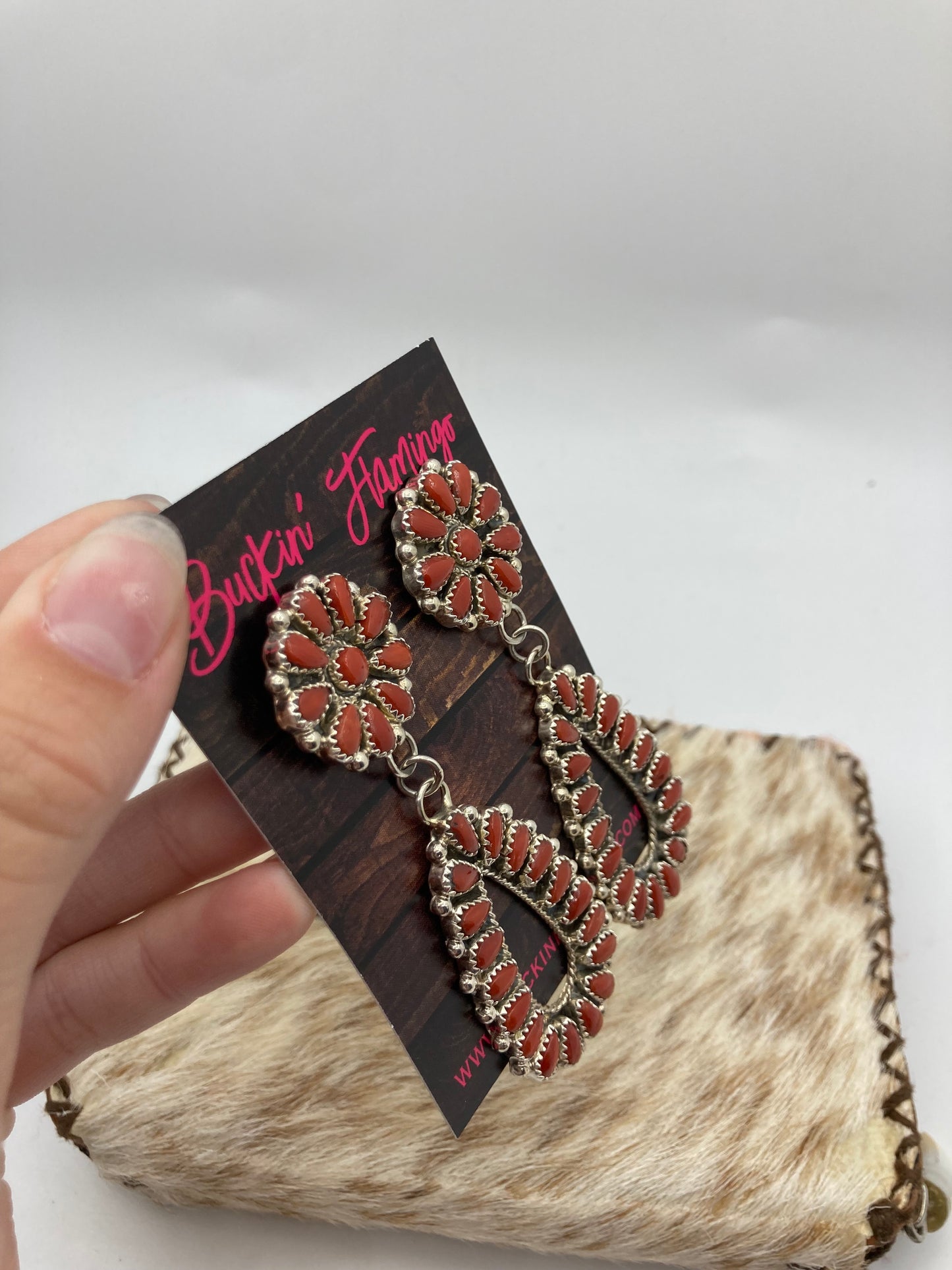 Red Coral Cluster Teardrop Post Dangle Earrings by Alicia Wilson, Navajo